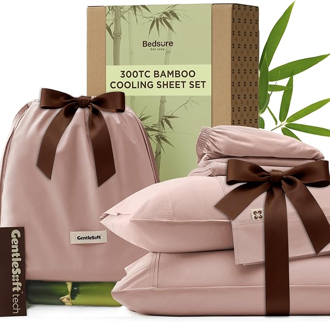 Bedsure Cooling Sheets, Rayon Derived from Bamboo & Cotton Blend, GentleSoft, Breathable, Queen Sheet Set, Deep Pocket Up to 18 Inches, Hotel Luxury Bedding for Hot Sleepers, Rose Pink