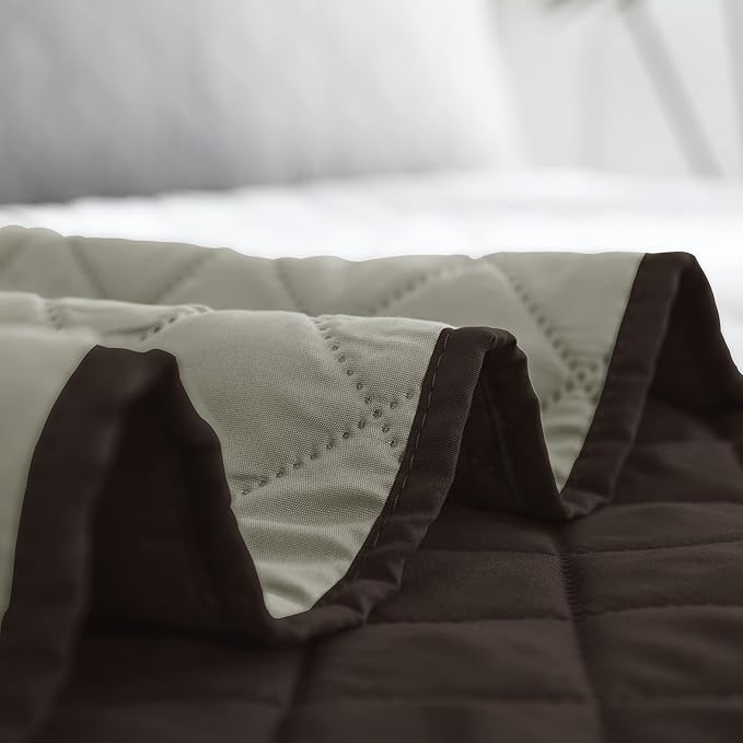 Easy-Going Full/Queen Size Reversible Quilt Set with 1 Quilt and 2 Pillow Shams, Soft Bed Quilt Cover, Water Resistant Lightweight Microfiber Bedspread, Stain Resistant, Chocolate/Beige