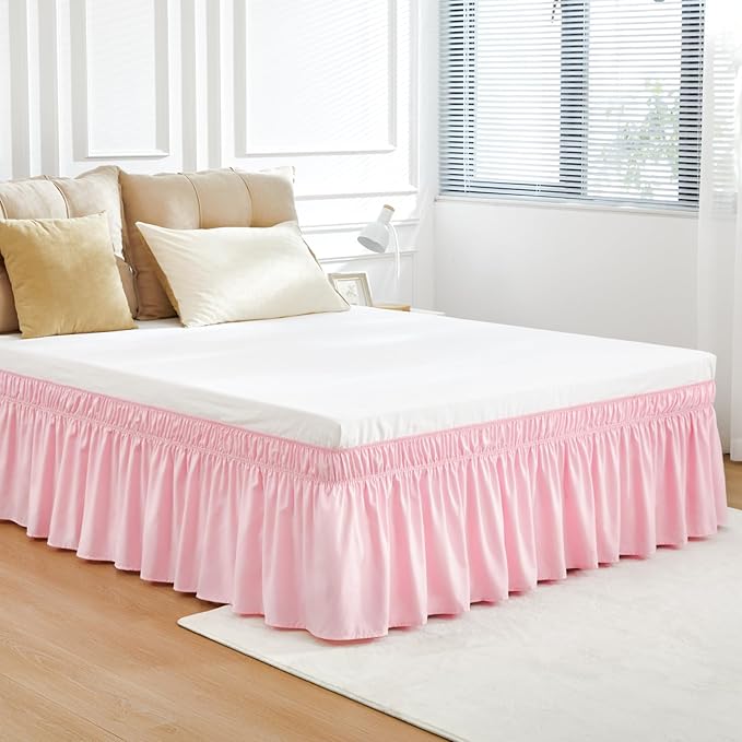 RIMELA Pink Bed Skirt Queen Size 18 Inch Drop, Elastic Bed Skirting for Bed Base and Frame, Bedding Dust Ruffle Easy to Install, Lightweight Wrap Around Adjustable Bedskirt