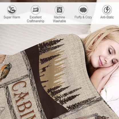Rustic Cabin Bear Blanket, Lake Country Lodge Bear Deer Forest Farmhouse Camp Print Soft Warm Cozy Lightweight Decorative Blanket for Couch Bed Sofa Travel, 40"x50"