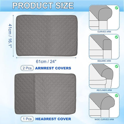 uxcell 3 PCS Armrest Covers, Couch Arm Cover Furniture Protect Slide Recliner Chair Armchair Covers with Side Storage Pocket for Sofa Recliner, Light Grey