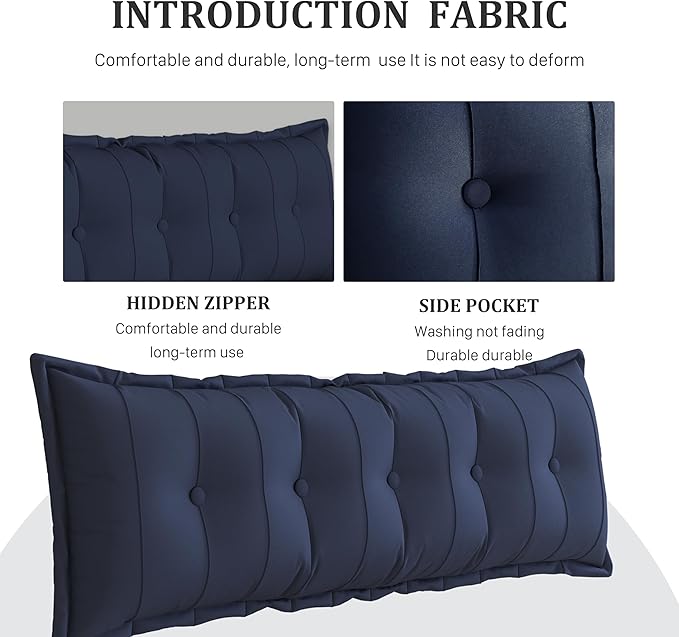 Large Bolster Reading Pillow Queen Backrest Positioning Support Pillow Daybed Cushion Headboard Pillows for Bed Bunk Sofa with Removable Cover, Dark Blue, 59x3x20 Inch