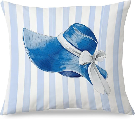 Coquette Bow Blue Hat Pillow Covers 18x18, Preppy Girly Room Decor Aesthetic, Blue and White Striped Elegant Bow Hat Throw Pillow Covers for Girls Bedroom Dorm Home