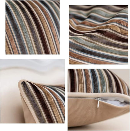 Yangest Brown Striped Throw Pillow Cover Multicolor Velvet Cushion Cover Modern Bohemian Pillowcase for Sofa Couch Bedroom Living Room Home Christmas Decoration,20x20 Inch