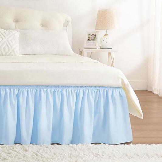 RIMELA Light Blue Bed Skirt Queen Size 15 Inch Drop, Elastic Bed Skirting for Bed Base and Frame, Bedding Dust Ruffle Easy to Install, Lightweight Wrap Around Adjustable Bedskirt