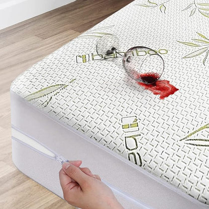 Bamboo Cooling Mattress Protector with Zipper - 100% Waterproof Twin Size Mattress Cover - Ultra Soft Jacquard Fabric Breathable Noiseless Mattress Pad Covers - Zippered Mattress Encasement