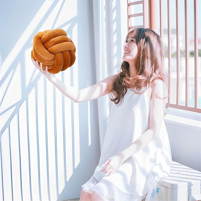 Knot Ball Pillows, Round Throw Pillow Cushion Home Decoration Soft Plush Pillow, Throw Knotted Ball Pillow Handmade Children Room Decoration Round Plush Toy Pillow (Caramel,11"/28cm)