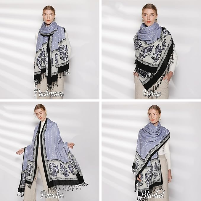 DANA XU 100% Merino Wool Pashmina Shawl for Women 96"x43", Oversized Cashmere Wrap with Tassels, Floral Travel Blanket Cape