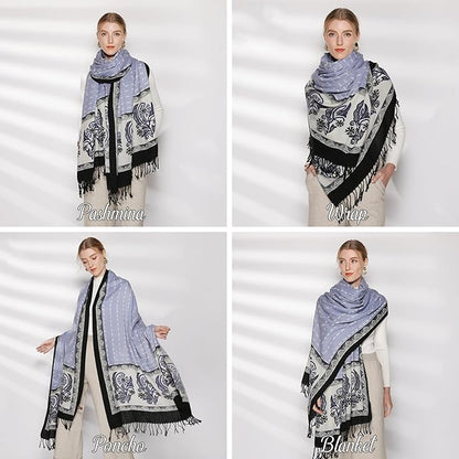 DANA XU 100% Merino Wool Pashmina Shawl for Women 96"x43", Oversized Cashmere Wrap with Tassels, Floral Travel Blanket Cape