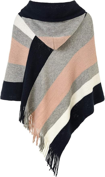 Ferand Women's Striped Poncho Sweater Cozy Knit Fringe Shawl Wraps for Fall Winter