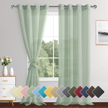 XWZO Semi Transparent Sheer Curtains 95 Inches Long for Bedroom, Soft & Lightweight, Light Filtering Grommet Window Curtains for Living Room, Bean Green, 52 x 95 Inches Long, Set of 2 Panels