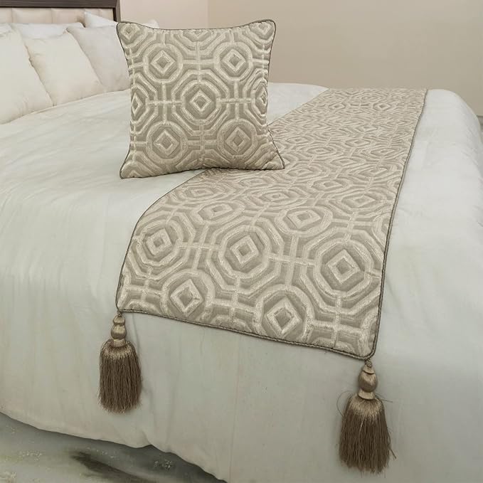 The HomeCentric King/Queen/Twin Beige Designer Queen 74"x18" Bed Runner Without Pillow Cover, Textured Bed Scarf on Silk Fabric - Hexagonal Norma
