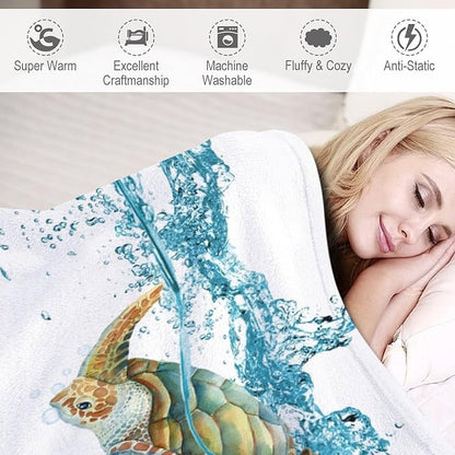 Sea Turtle Throw Blanket, Teal Blue Ocean Underwater Animal Starfish Fish Nautical Coastal Theme Fleece Flannel Blanket for Couch Sofa Bedroom Adults Kids, 30"x40"