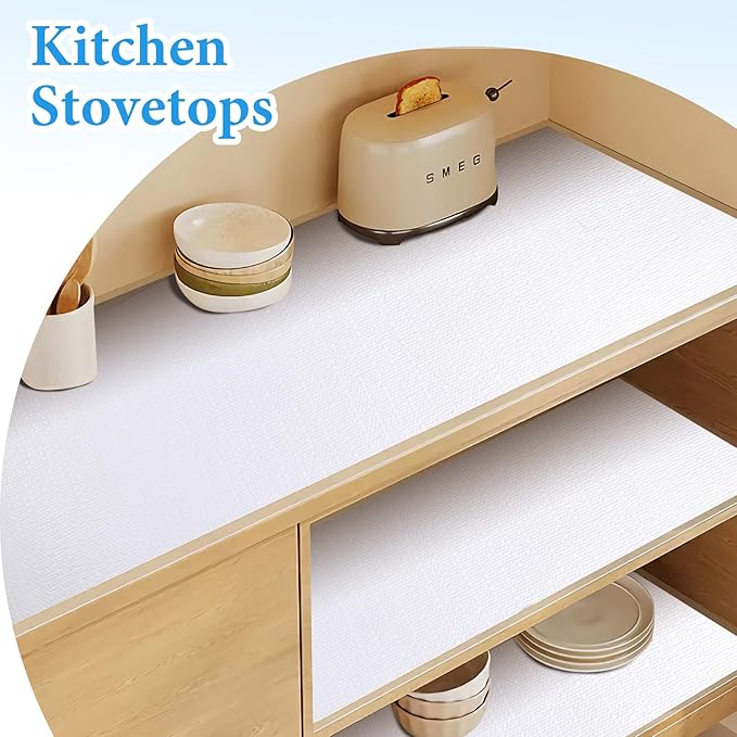 Shelf Liners for Kitchen Cabinets 17in x 20FT Non Adhesive Drawer Liner White Thickened Shelf Liner Paper Strong Non-Slip Easy to Clean for Tool Box Refrigerator with Knife and Tape Measure