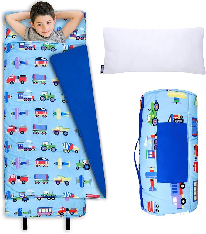 Wildkin Kids Original Nap Mat – Cozy Kids Sleep Mat with Pillow, Ideal for School & Travel - Trains, Planes, and Trucks