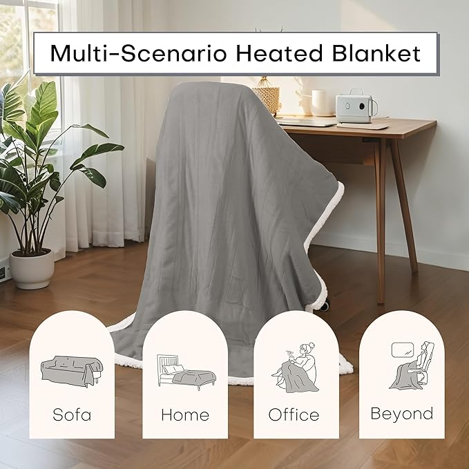 Electric Heated Blanket Throw Size 50"x60" - Dual-Sided with Microplush & Sherpa Fabric, 4 Heat Settings & 3 Hours Auto Off, Machine Washable - Light Gray