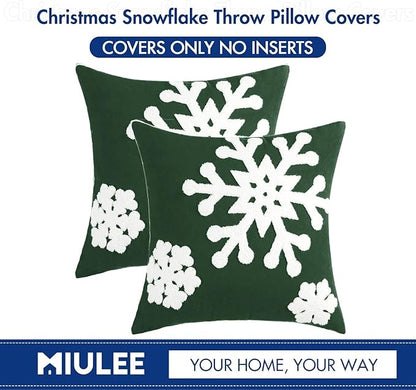 MIULEE Pack of 2 Christmas Decorative Snowflake Throw Pillow Covers Canvas Embroidery Winter Cushion Cases Holiday Decor Soft Pillowcases for Winter Couch Sofa Bedroom Car（Dark Green, 16x16in）