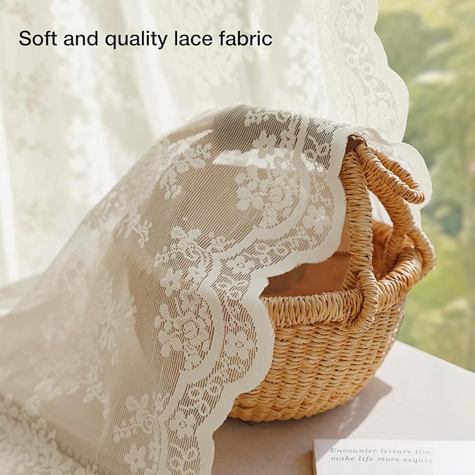 Anmao Vintage Lace Curtains 120 Inches Long 2 Panels Set, Romantic Elegant Light Filtering Semi Sheer Floral Thick Lacy Curtain Drapes for Living Room and Bedroom, Each Panel 55W x 120L, Ivory