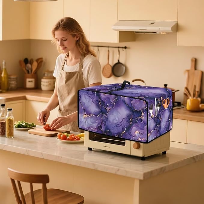 Convection Oven Dust Cover with Pockets, Easy to Clean, Electric Appliance Protector Smart Microwave Oven Cover for Countertop, S, 14.5 x 18.5 x 9 Inches, Violet Gold Marble