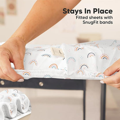 2-Pack Mini Crib Sheets Fitted - 38x26 Pack N Play Sheets for Pack and Play Mattress, Organic Cotton, Soft & Breathable Playard Bedding, Neutral Mini Toddler Bed Cover for Boys, Girls (Jolly Rainbow)