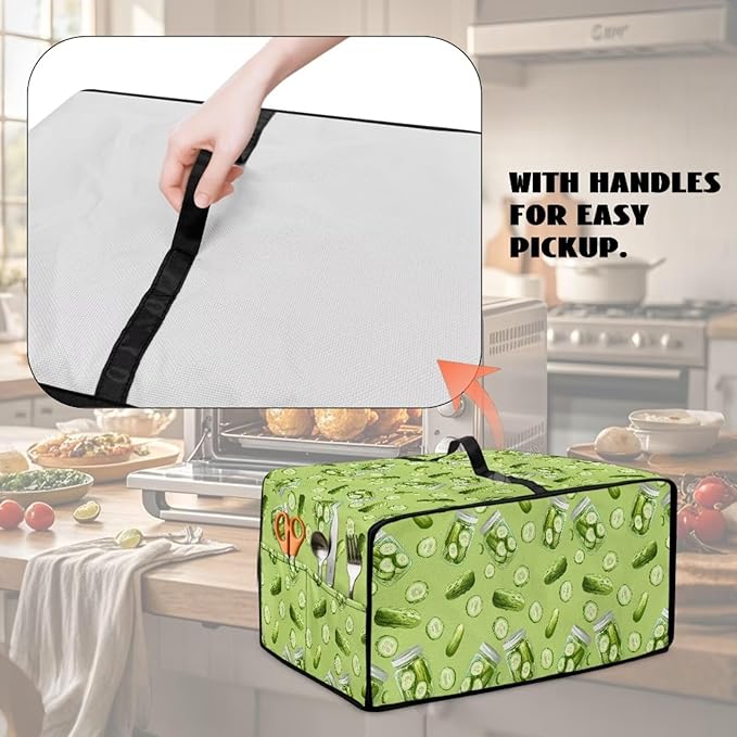Toaster Oven Dust Cover with Storage Pockets, Dust-Proof Kitchen Appliance Protector for Small Appliances Convection Ovens, L, 18.5 x 22.5 x 13 Inches, Cucumber Print Green