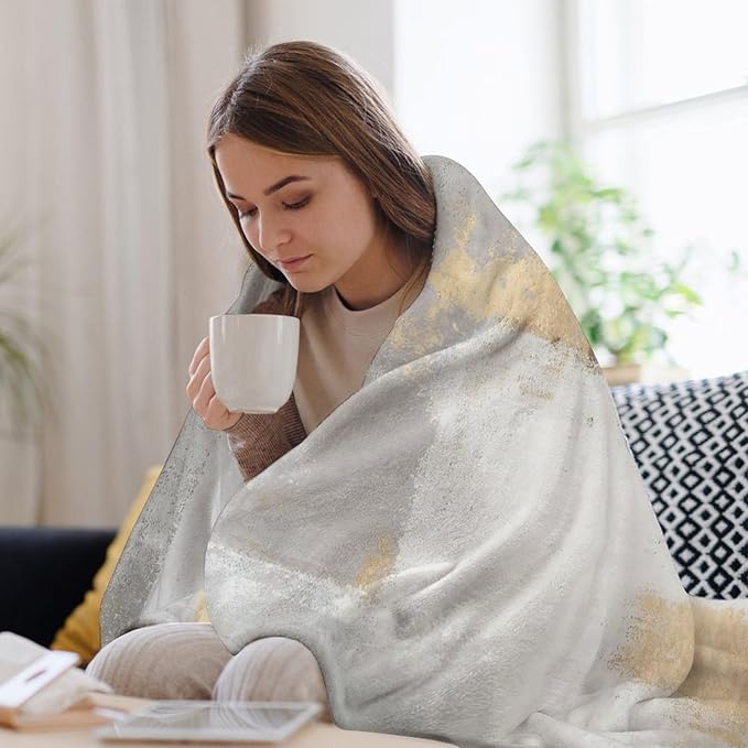 Fashion Gradient Blanket, Modern Abstract Baroque Grey Glod Painting Strokes Pattern Soft Warm Cozy Plush Flannel Covers for Livingroom Bedroom Couch Chair Camping Travel Home Decor Tapestry 50x60in