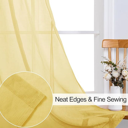 XWZO Sheer Curtains 84 Inches Length 2 Panels Set with Tiebacks, Grommet Top Semi Transparent Voile Lightweight Window Curtains for Bedroom, Living Room, Kids Room, W52 x L84, Yellow, Set of 2
