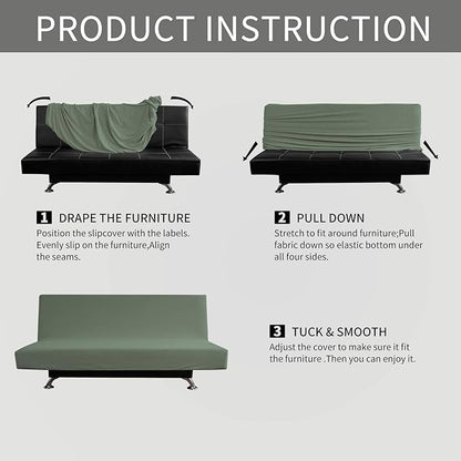 Easy-Going Stretch Futon Slipcover Armless Futon Bed Cover Furniture Protector Without Armrests with Elastic Bottom for Kids, Soft Jacquard Fabric Small Checks (Medium, Greyish Green)
