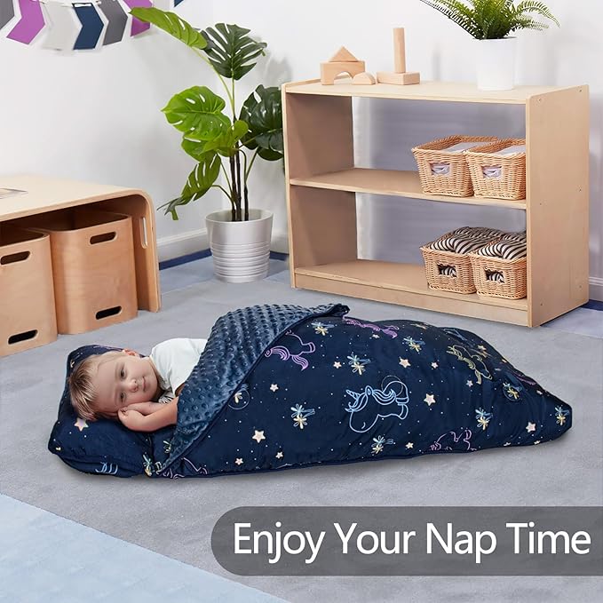 Primlect Thickened Toddler Nap Mat with Removable Pillow and Minky Blanket, Extra Large 55''x35'' Sleeping Bag, Washable, Roll up, Perfect for Daycare, Preschool, Kindergarten, Boys and Girls