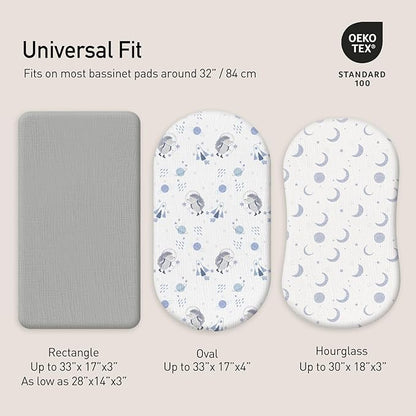 Gllquen Baby Muslin Bassinet Sheets 3 Pack, Breathable Elastic Cozy Fitted Cotton Bassinet Mattress Sheet for Baby Boy Girls, Fit for Hourglass Oval Rectangular Cradle Pad Sheets 33"x17" (Space)