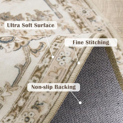 jinchan Fiora Round Rug 7ft Area Rug - Taupe Vintage Floor Mat Indoor Ultra-Thin Soft Floral Print - Washable Circle 7' Retro Accent for Farmhouse Non Slip Dining Room Living Room Bedroom Office