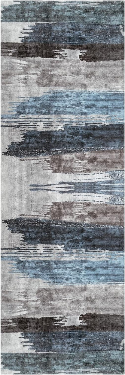 Ciicool 2x5 Washable Runner Rug, Modern Abstract Hallway Rugs Runner, Non-Slip Thin Accent Rug Lightweight Navy Grey Print Distressed Carpet for Laundry Entryway Bedroom Kitchen Bathroom Indoor