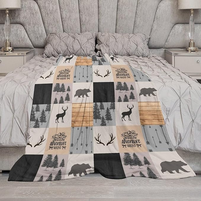 Rustic Cabin Throw Blanket, Retro Camping Bear Deer Farmhouse Wildlife Tree Forest Brown Gray Print Warm Flannel Blanket for Bedroom Camping Travel, 60"x80"