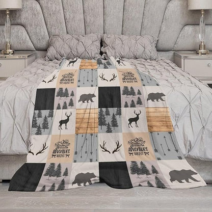 Rustic Cabin Throw Blanket, Retro Camping Bear Deer Farmhouse Wildlife Tree Forest Brown Gray Print Warm Flannel Blanket for Bedroom Camping Travel, 60"x80"