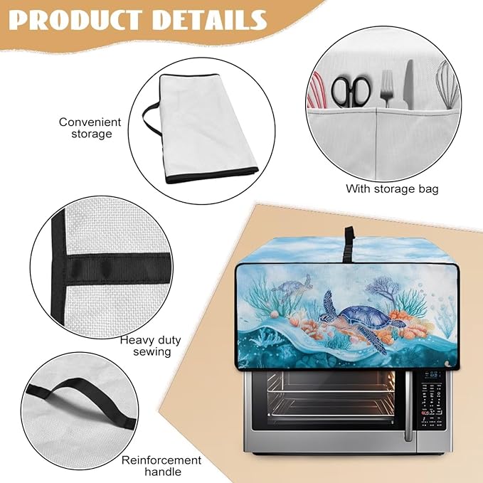 Microwave Oven Dust Cover Air Fryer Toaster Oven Protector with Storage Pockets, Stain-resistant for Small Appliances, M, 16.5 x 20.5 x 10 Inches, Sea Turtle Coral Reef Blue