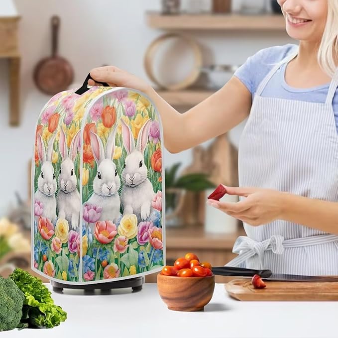 Easter Bunny Blender Cover Dust Cover Universal for Small Kitchen Appliance, Tulip Flower Food Processor Protector Cover Foldable Coffee Maker Cover Tabletop Decoration