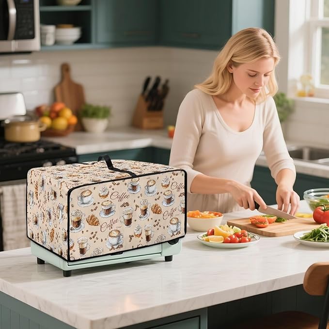 Waterproof Microwave Oven Dust Cover Heavy Duty Microwave Oven Grill Cover Dustproof Kitchen Machine Covers Case Protections for Toaster Oven, Coffee Cup Bean Bread Cream Print, M