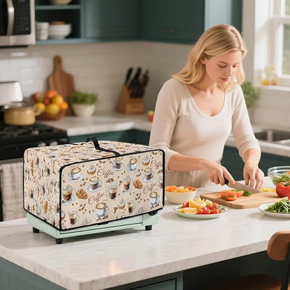 Waterproof Microwave Oven Dust Cover Heavy Duty Microwave Oven Grill Cover Dustproof Kitchen Machine Covers Case Protections for Toaster Oven, Coffee Cup Bean Bread Cream Print, L