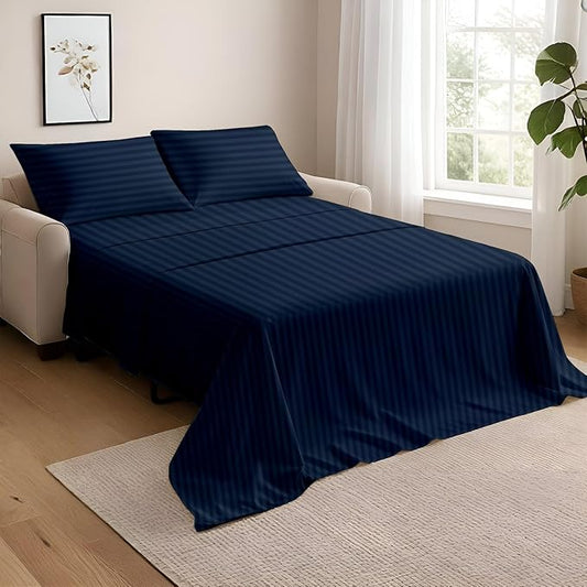 NON Sticky cotton Twin Size Sleeper Sofa Sheets, 4 Piece Egyptian Cotton Bed Sheet Set for Sofa Bed, 7" Deep Pocket for Pull Out Couch Mattress, 39" x 75", Navy Blue Stripe, Soft & Breathable