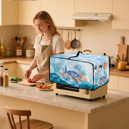 Microwave Oven Dust Cover Air Fryer Toaster Oven Protector with Storage Pockets, Stain-resistant for Small Appliances, M, 16.5 x 20.5 x 10 Inches, Sea Turtle Coral Reef Blue