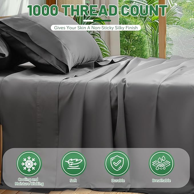 100% Egyptian Cotton Sheets King Size 4PCS 1000 Thread Count Sateen Weave Soft Breathable 16-Inch Deep Pocket （King,Dark Grey）