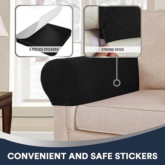 Stretch Sofa Arm Covers Spandex Jacquard Anti-Slip Couch Armrest Protector for Sofa Couch Chair Recliner, Set of 2, Black