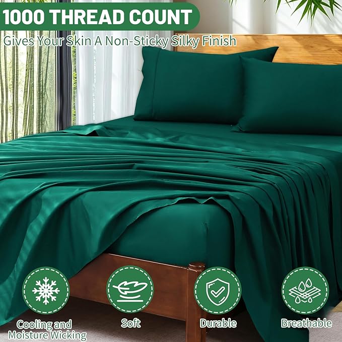 Extra Deep Pocket California King Sheets 18-24 Inch 1000 Thread Count 100% Egyptian Cotton Sateen Weave Soft Breathable 4 Pieces（California King,Dark Green）