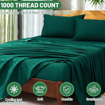 Extra Deep Pocket California King Sheets 18-24 Inch 1000 Thread Count 100% Egyptian Cotton Sateen Weave Soft Breathable 4 Pieces（California King,Dark Green）