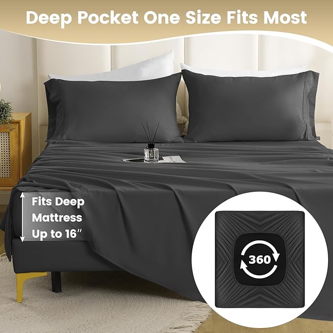 Twin Size Sheet Set - Hotel Luxury 3 Piece Soft Microfiber Breathable Cooling Twin Sheet Set,Fits 16" Deep Pocket Mattress, Easy Care Wrinkle Free Bedding Sheet and Pillowcase Bed Set, Dark Gray