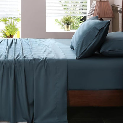 Extra Deep Pocket Queen Sheets 18-24 Inch 100% Egyptian Cotton 1000 Thread Count Sateen Weave Soft Breathable 4 Pieces（Queen,Lake Blue）