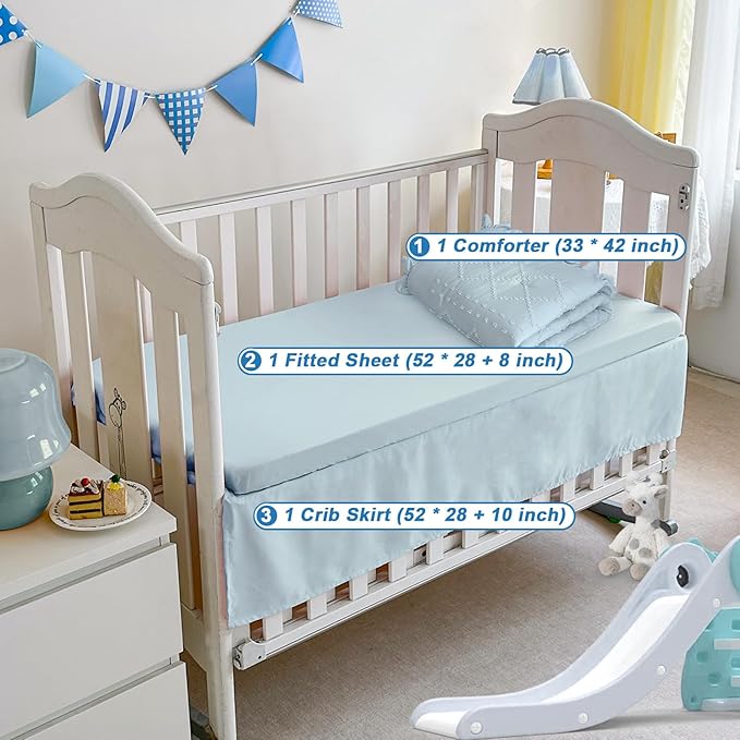 Wowelife Baby Crib Bedding Set for Girls, 3 Piece Boho Crib Comforter Set Ruffle, Baby Boy Crib Bedding Set Nursery Blanket Set Neutral Include Quilted Comforter, Crib Skirt and Sheet, Blue