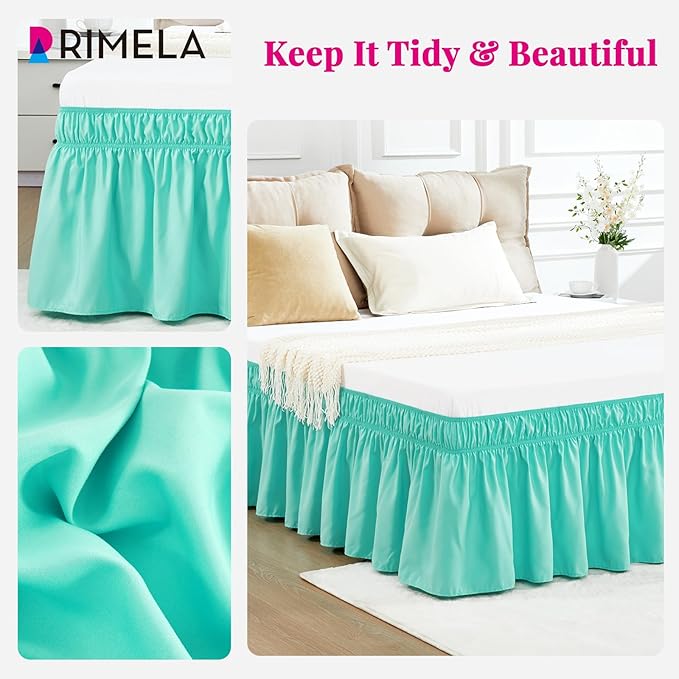 RIMELA Spa Blue Bed Skirt King Size 15 Inch Drop, Elastic Bed Skirting for Bed Base and Frame, Bedding Dust Ruffle Easy to Install, Lightweight Wrap Around Adjustable Bedskirt