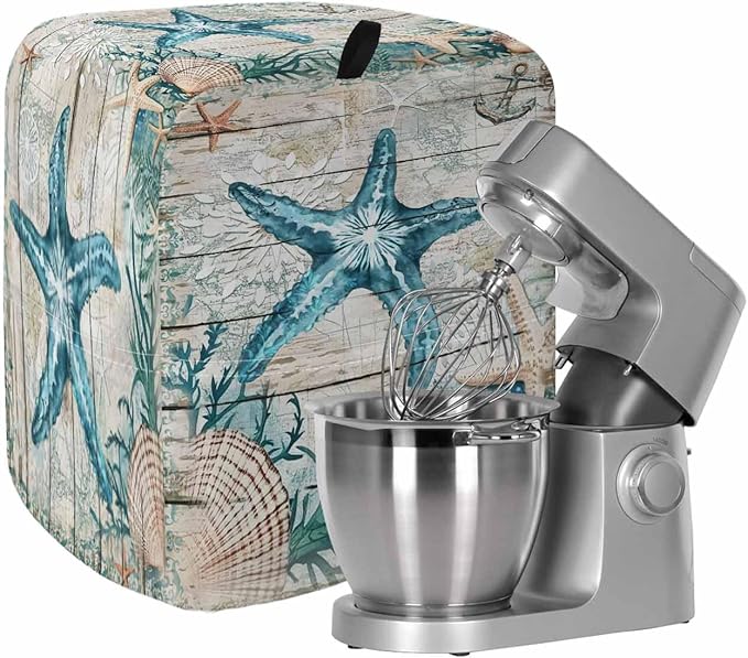 Turquoise Starfish Stand Mixer Dust Cover with Storage Pocket & Handles, Fits All Tilt Head & Bowl Lift Coastal Shells Kitchen Appliance Cover Organizer Nautical Anchor Wood Bag Accessories, 6-8 Quart