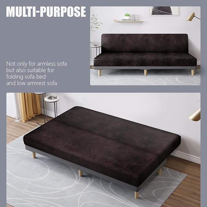 molasofa Leather Like Stretch Futon Slipcover Armless Futon Bed Sofa Cover Furniture Protector with Elastic Bottom, Soft and Washable Futon Cover for Sofa Bed Stay in Place（X Larger，Chocolate）